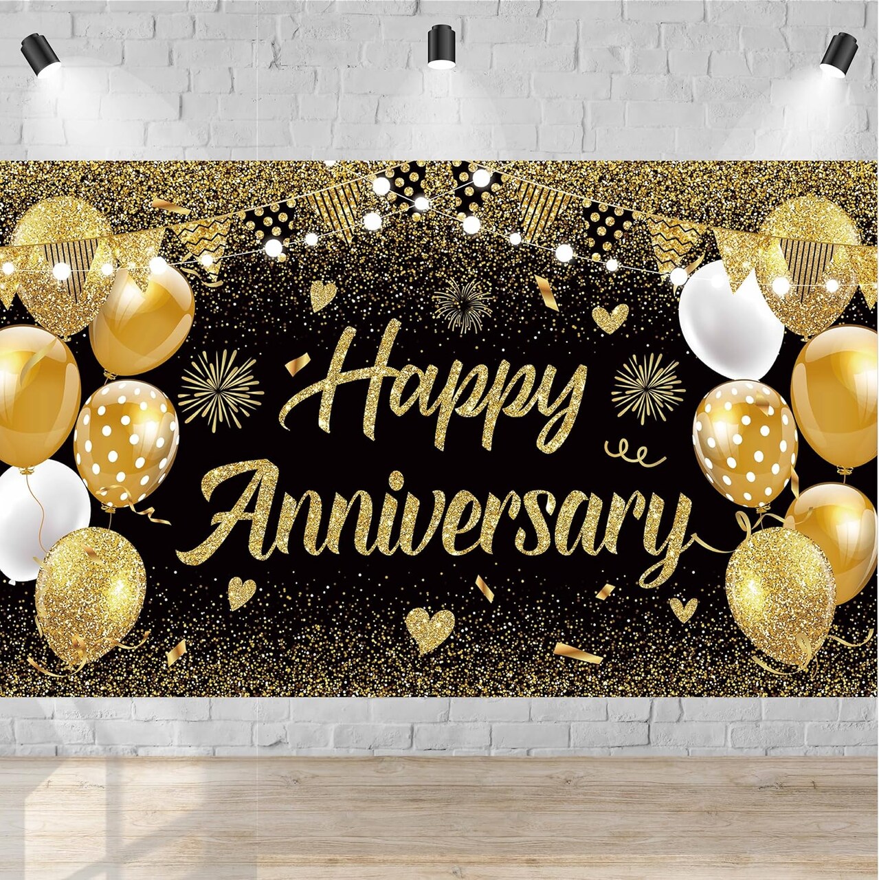 Black Gold Happy Wedding Anniversary Banner (Gold) 43.31"L x 70.87"W